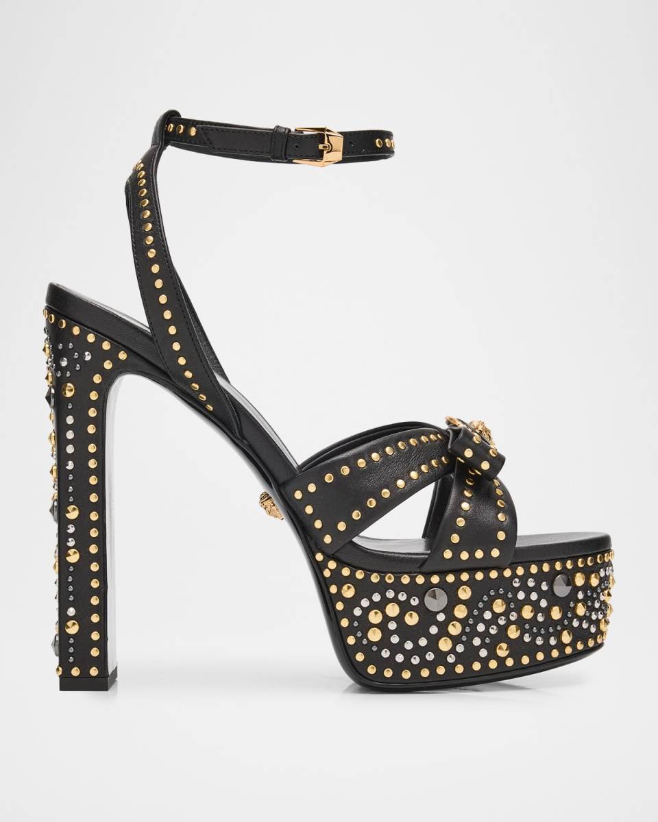 140mm Gianni Ribbon Studded Leather Platform Sandals